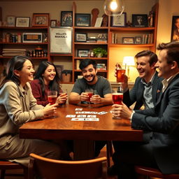 A lively and cheerful scene of five friends gathered around a wooden table, enjoying drinks and playing cards