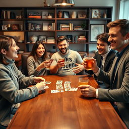 A lively and cheerful scene of five friends gathered around a wooden table, enjoying drinks and playing cards