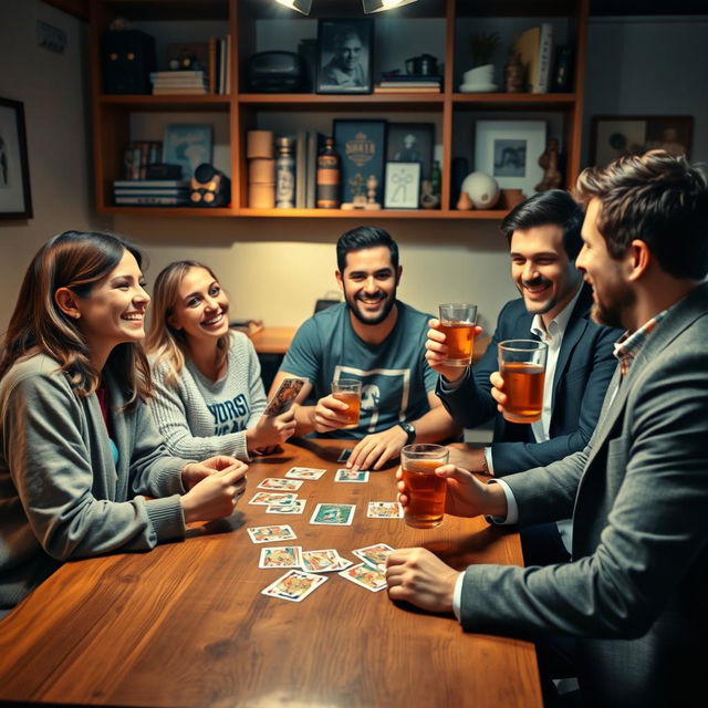 A lively and cheerful scene of five friends gathered around a wooden table, enjoying drinks and playing cards