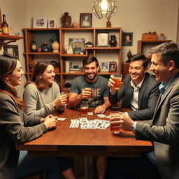 A lively and cheerful scene of five friends gathered around a wooden table, enjoying drinks and playing cards