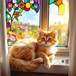 A whimsical and charming fluffy cat lounging on a sunny windowsill, with bright sunlight filtering through colorful stained glass