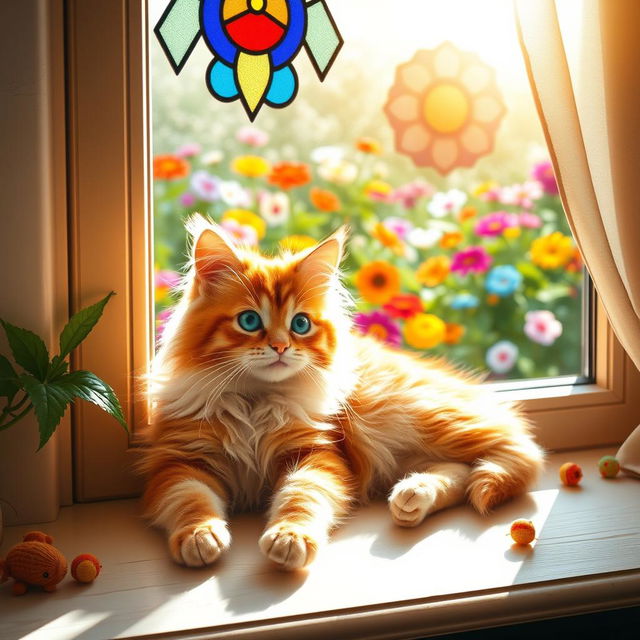 A whimsical and charming fluffy cat lounging on a sunny windowsill, with bright sunlight filtering through colorful stained glass