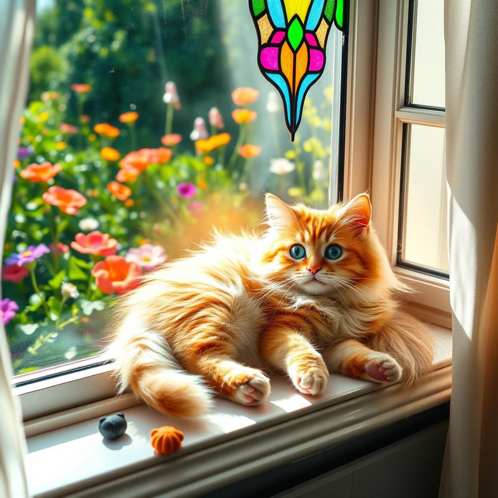 A whimsical and charming fluffy cat lounging on a sunny windowsill, with bright sunlight filtering through colorful stained glass