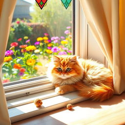 A whimsical and charming fluffy cat lounging on a sunny windowsill, with bright sunlight filtering through colorful stained glass