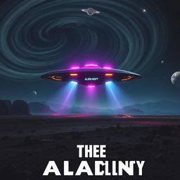 A stunning movie poster featuring an alien spaceship landing on a desolate, rocky landscape