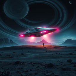 A stunning movie poster featuring an alien spaceship landing on a desolate, rocky landscape