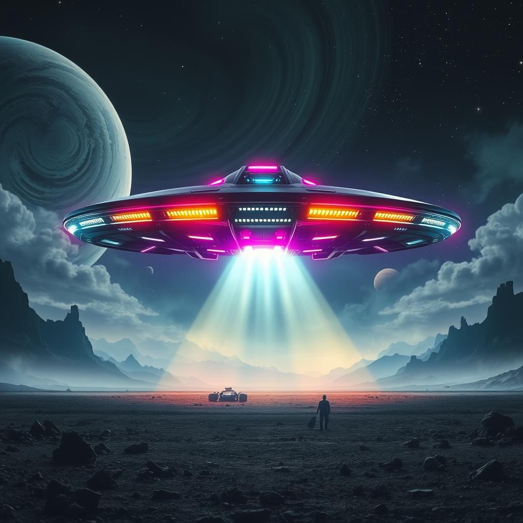 A stunning movie poster featuring an alien spaceship landing on a desolate, rocky landscape