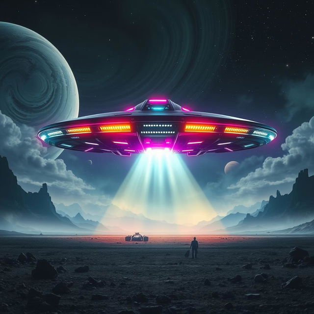 A stunning movie poster featuring an alien spaceship landing on a desolate, rocky landscape