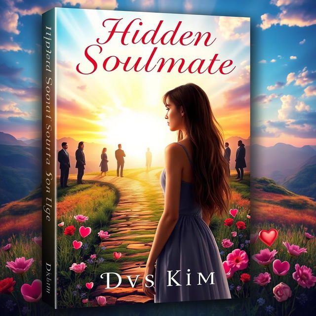 A captivating book cover design for 'Hidden Soulmate' by DvsKim, depicting a young woman at a picturesque crossroads in a serene landscape