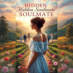 A captivating book cover design for 'Hidden Soulmate' by DvsKim, depicting a young woman at a picturesque crossroads in a serene landscape