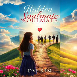 A captivating book cover design for 'Hidden Soulmate' by DvsKim, depicting a young woman at a picturesque crossroads in a serene landscape