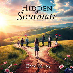 A captivating book cover design for 'Hidden Soulmate' by DvsKim, depicting a young woman at a picturesque crossroads in a serene landscape