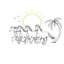 A pen sketch featuring five horses running gracefully towards the left