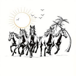 A pen sketch featuring five horses running gracefully towards the left