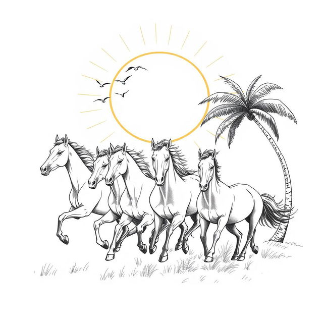 A pen sketch featuring five horses running gracefully towards the left