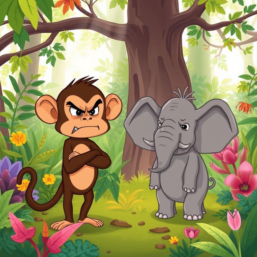 In a vivid forest setting, a cute brown monkey and a small gray elephant are depicted with angry expressions, showcasing their emotions in a humorous and exaggerated way