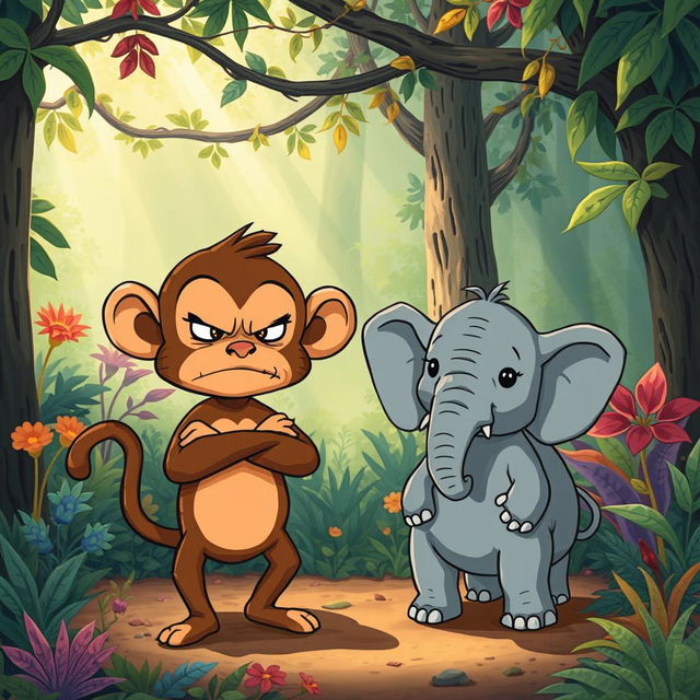 In a vivid forest setting, a cute brown monkey and a small gray elephant are depicted with angry expressions, showcasing their emotions in a humorous and exaggerated way