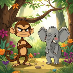 In a vivid forest setting, a cute brown monkey and a small gray elephant are depicted with angry expressions, showcasing their emotions in a humorous and exaggerated way
