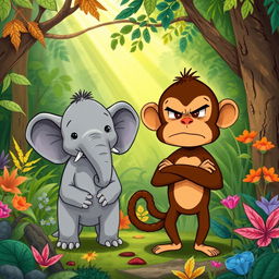 In a vivid forest setting, a cute brown monkey and a small gray elephant are depicted with angry expressions, showcasing their emotions in a humorous and exaggerated way