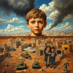 A poignant painting depicting a young boy at the center of the frame, embodying hope and longing for peace