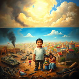 A poignant painting depicting a young boy at the center of the frame, embodying hope and longing for peace