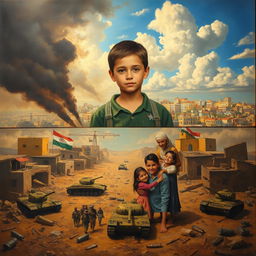 A poignant painting depicting a young boy at the center of the frame, embodying hope and longing for peace