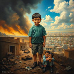 A poignant painting depicting a young boy at the center of the frame, embodying hope and longing for peace