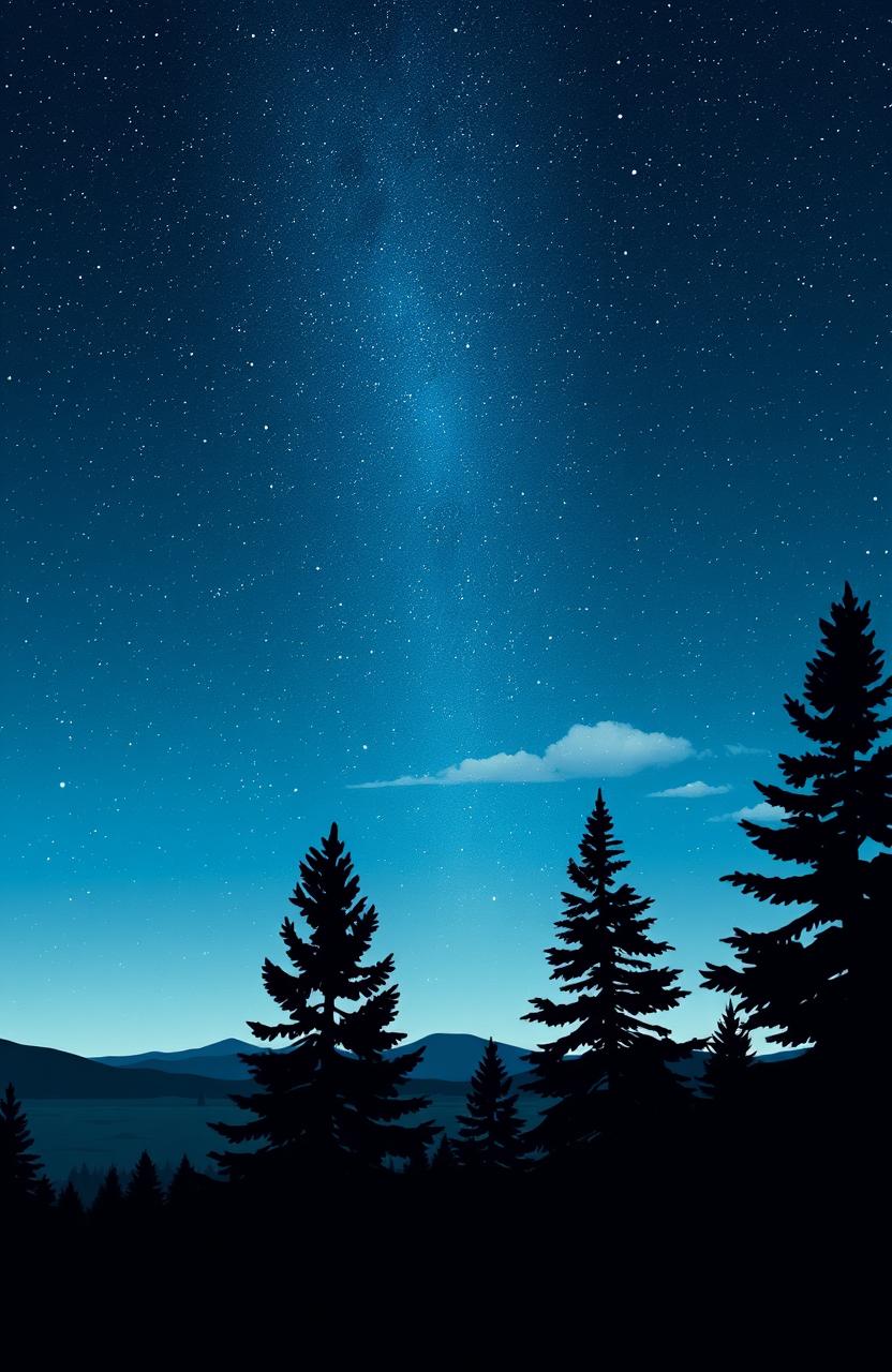 A stunning illustration depicting a starry night sky over a tranquil, desolate landscape in the northern region