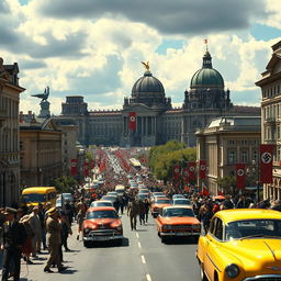 A vibrant, alternate history portrayal of Berlin in 1973 as if the Nazis had won World War II