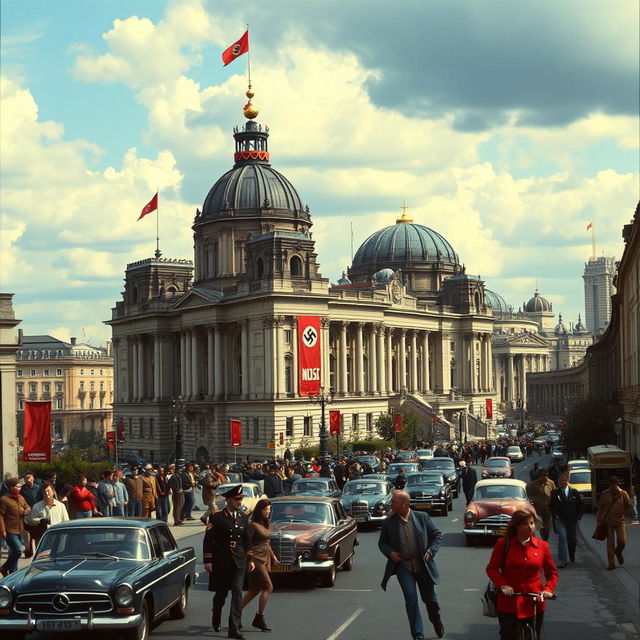 A vibrant, alternate history portrayal of Berlin in 1973 as if the Nazis had won World War II