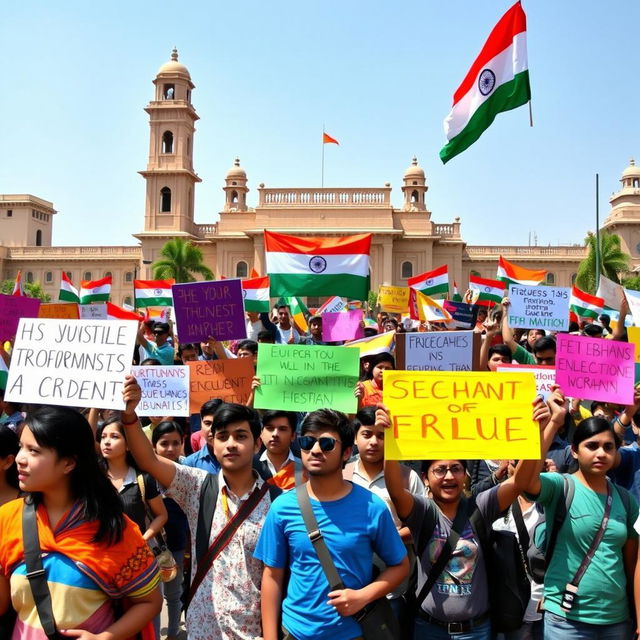 A vibrant scene depicting a students' protest in India, with diverse groups of young people holding colorful banners and placards advocating for social change, justice, and educational reforms