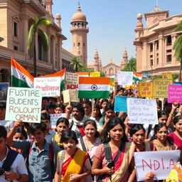 A vibrant scene depicting a students' protest in India, with diverse groups of young people holding colorful banners and placards advocating for social change, justice, and educational reforms