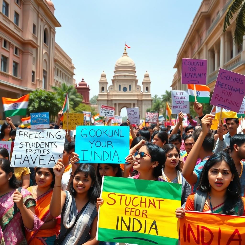 A vibrant scene depicting a students' protest in India, with diverse groups of young people holding colorful banners and placards advocating for social change, justice, and educational reforms