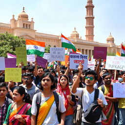 A vibrant scene depicting a students' protest in India, with diverse groups of young people holding colorful banners and placards advocating for social change, justice, and educational reforms