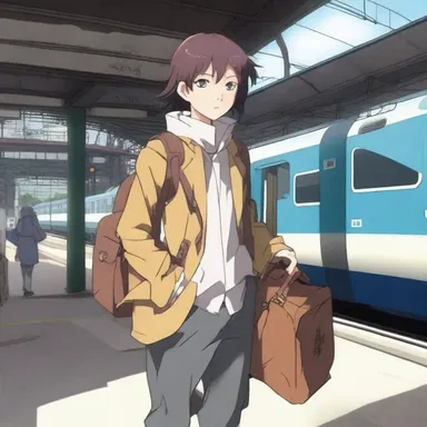 The anime character arrived at the train station, carrying a gladstone bag filled with mysterious artifacts.