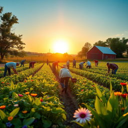 A picturesque scene of farmers working in a lush, green field during the golden hour