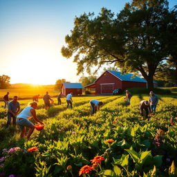 A picturesque scene of farmers working in a lush, green field during the golden hour