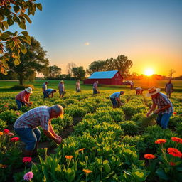 A picturesque scene of farmers working in a lush, green field during the golden hour