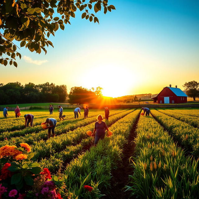 A picturesque scene of farmers working in a lush, green field during the golden hour