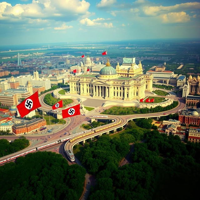 An aerial view of Berlin in 1973, depicting an alternate history where the Nazis won World War II