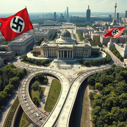 An aerial view of Berlin in 1973, depicting an alternate history where the Nazis won World War II