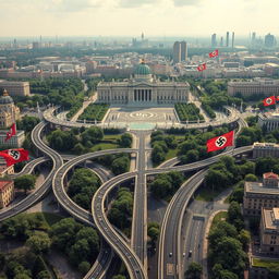 An aerial view of Berlin in 1973, depicting an alternate history where the Nazis won World War II