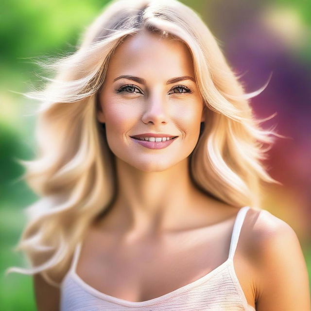 A high-quality digital art image of a naturally beautiful blonde woman in her 30s