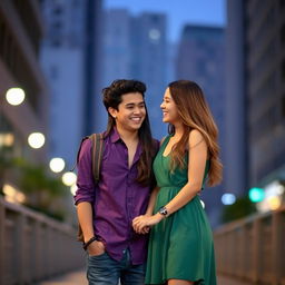 Two young adults standing closely together in an urban setting, a girl in a green dress and a boy in a purple shirt sharing a joyful moment