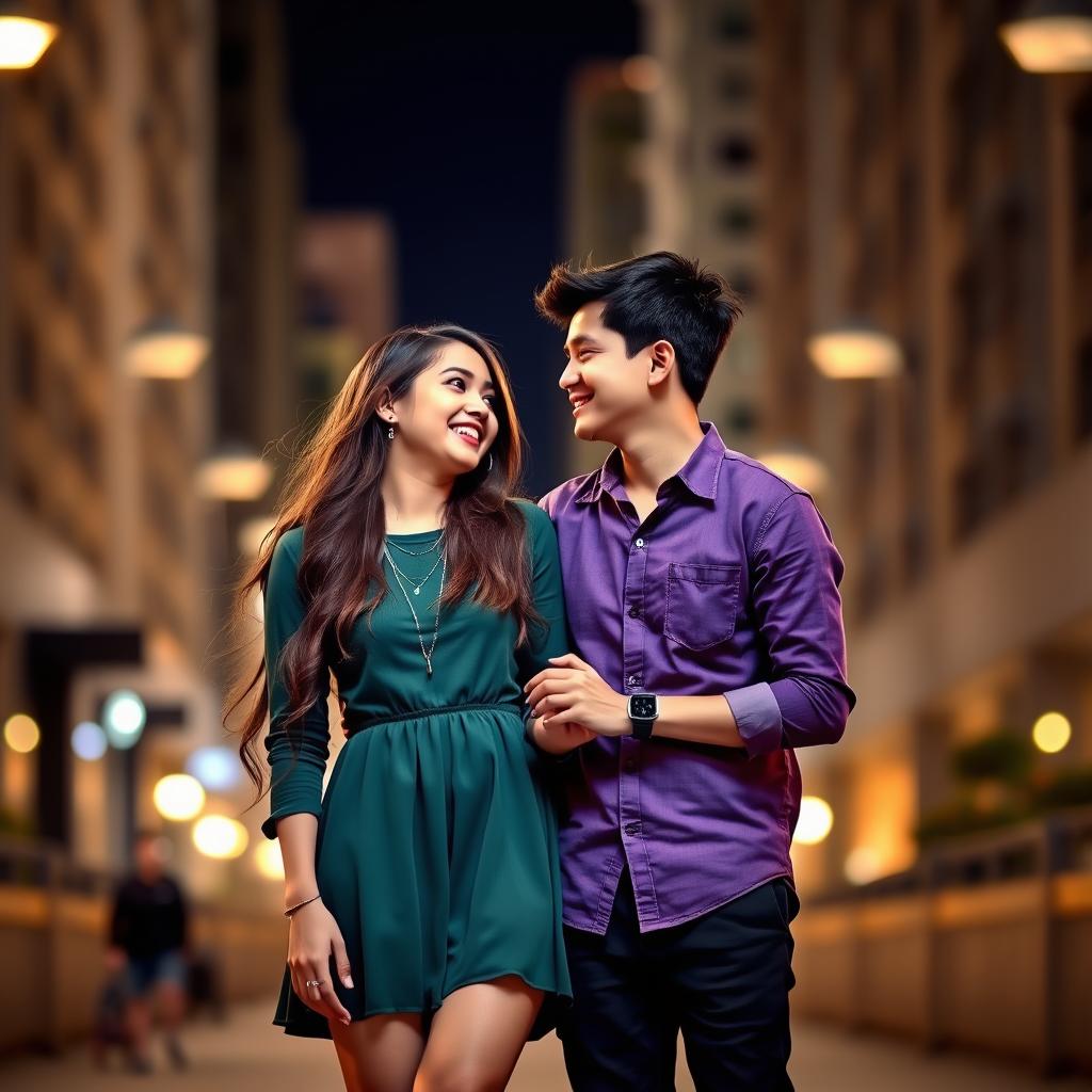 Two young adults standing closely together in an urban setting, a girl in a green dress and a boy in a purple shirt sharing a joyful moment