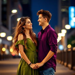 Two young adults standing closely together in an urban setting, a girl in a green dress and a boy in a purple shirt sharing a joyful moment