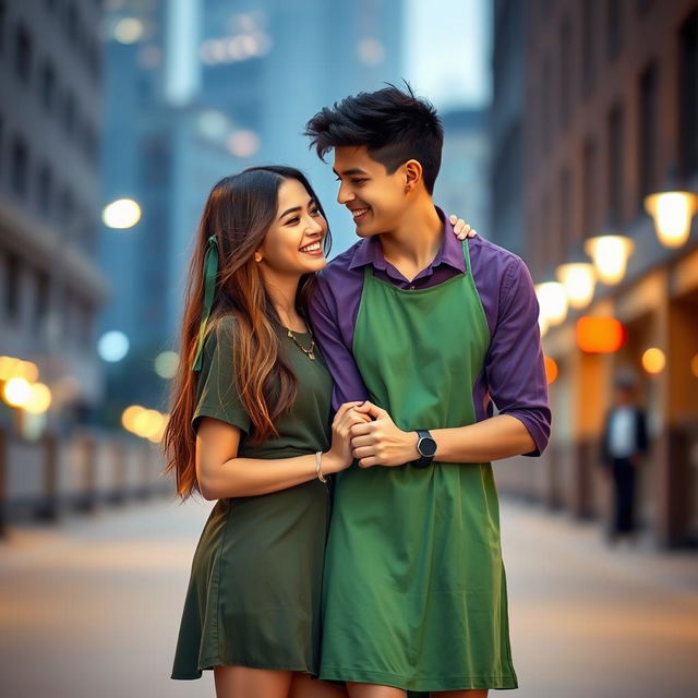 Two young adults standing closely together in an urban setting, a girl in a green dress and a boy in a purple shirt sharing a joyful moment