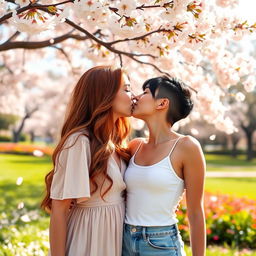 A tender and intimate moment between two beautiful women in a sunlit park, sharing a playful kiss under a blooming cherry blossom tree, with petals gently falling around them