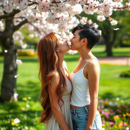 A tender and intimate moment between two beautiful women in a sunlit park, sharing a playful kiss under a blooming cherry blossom tree, with petals gently falling around them