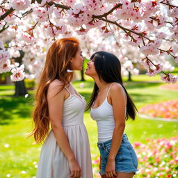 A tender and intimate moment between two beautiful women in a sunlit park, sharing a playful kiss under a blooming cherry blossom tree, with petals gently falling around them